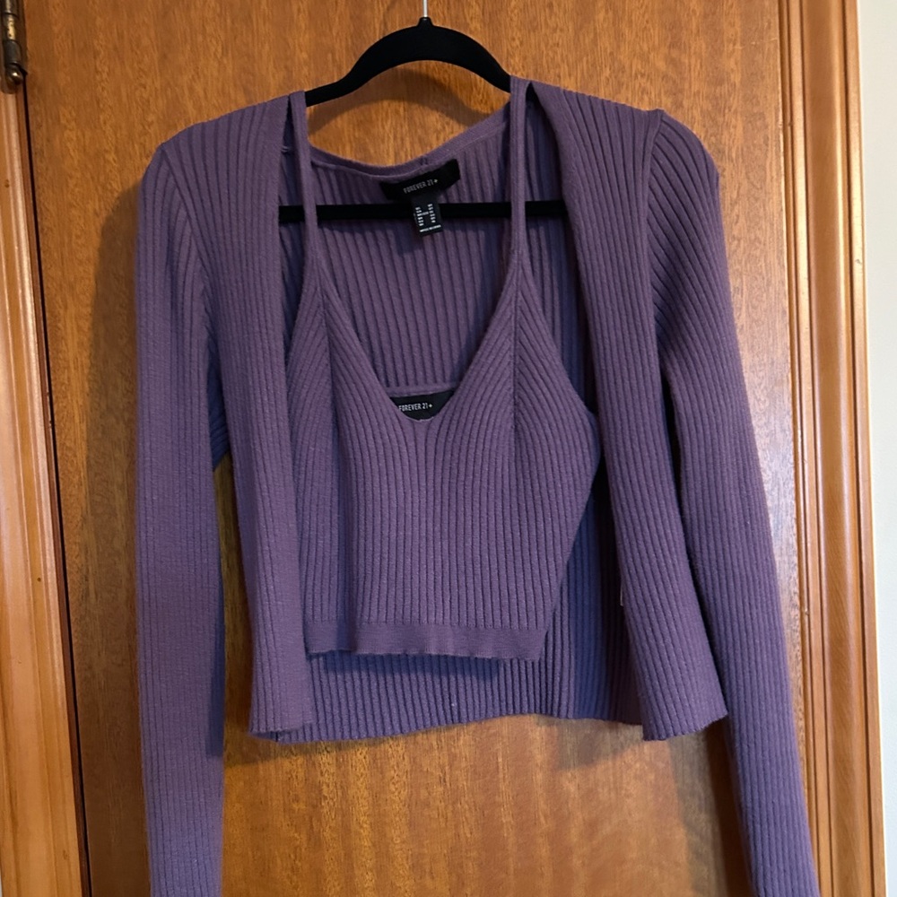 Purple Ribbed Knit Cropped Cardigan and Top Set